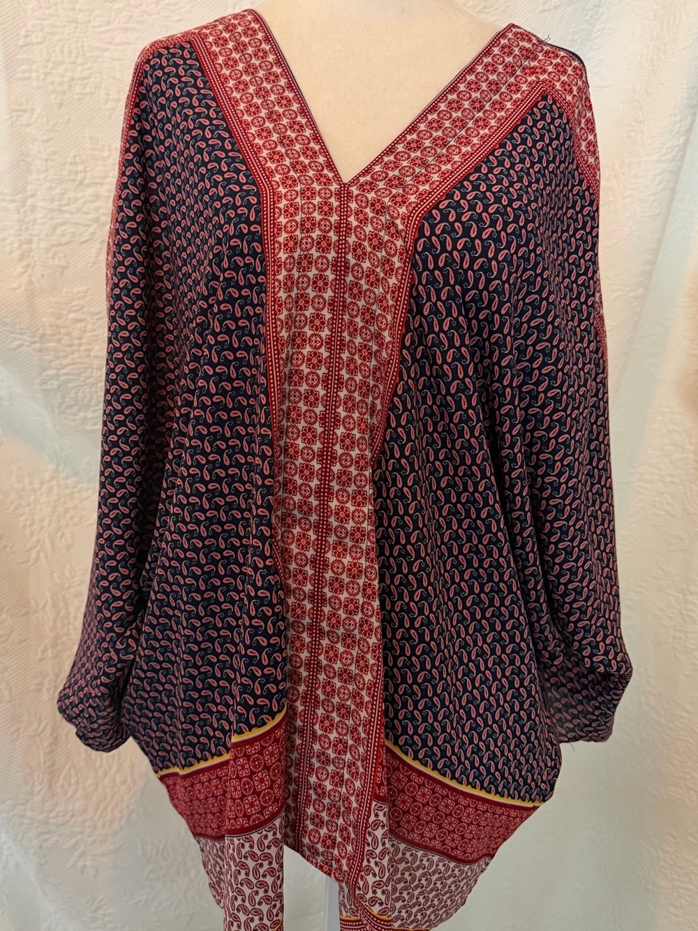 Boho V-Neck Printed Kimono Top - Navy & Red L